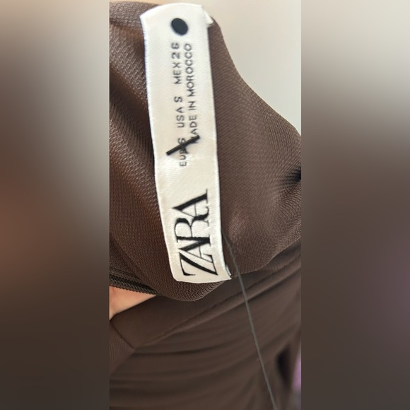 ZARA S Brown Ruched Short Bodycon Dress Long Sleeve Boat Neck - Picture 4 of 5